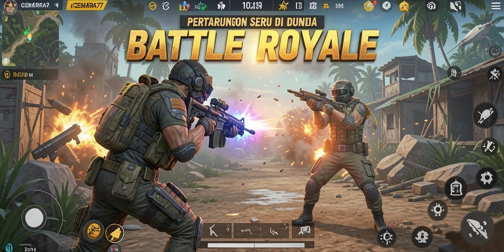 Gameplay CEMARA77 menampilkan aksi seru di medan Battle Royale.