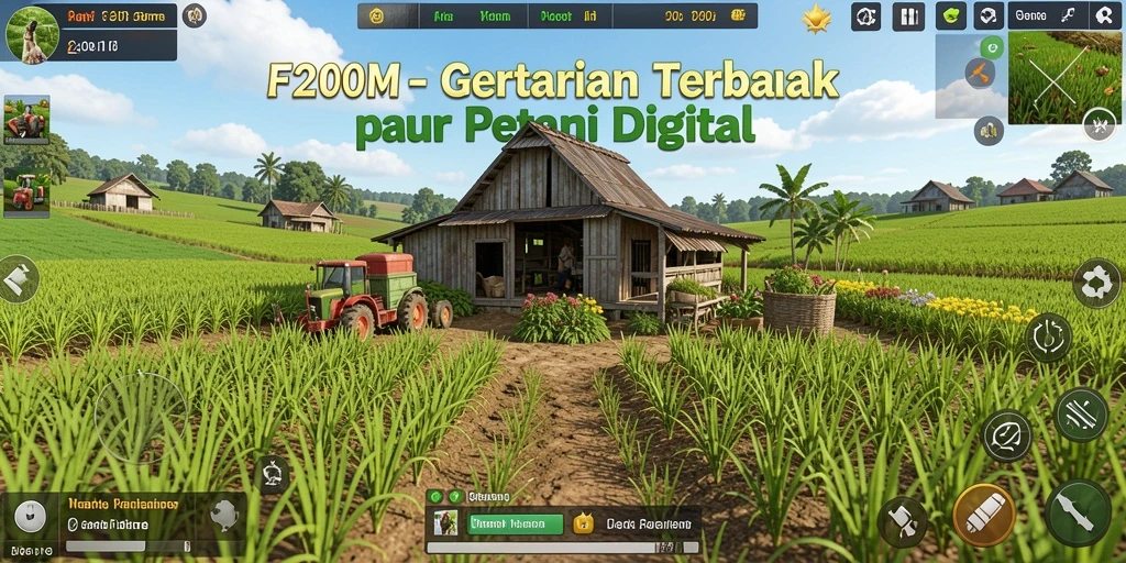 Screenshot utama F200M menampilkan keseruan gameplay pertanian yang menarik.