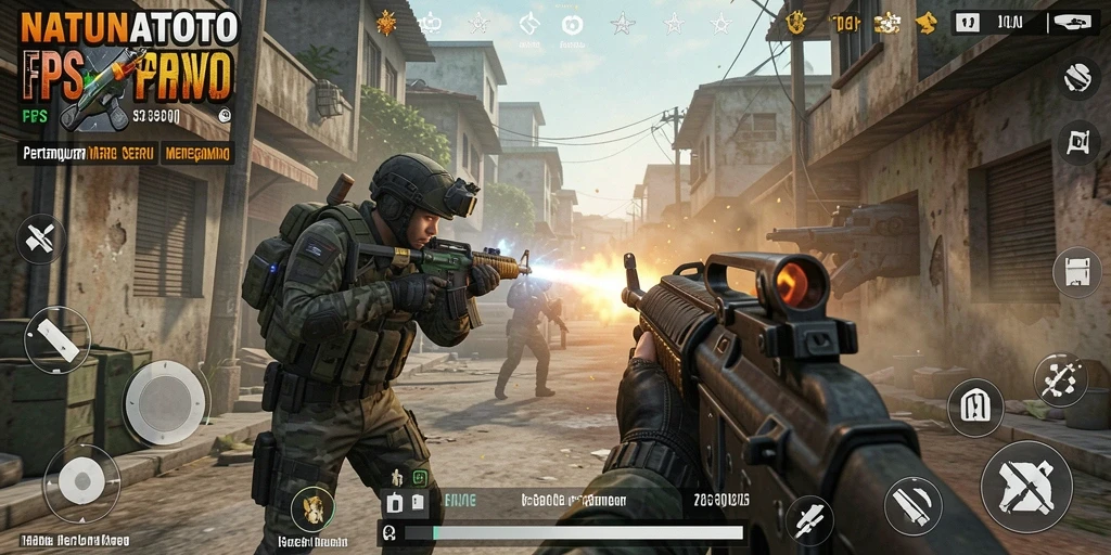 Tampilan menegangkan dalam permainan FPS NATUNATOTO memperlihatkan adrenalin pertempuran.