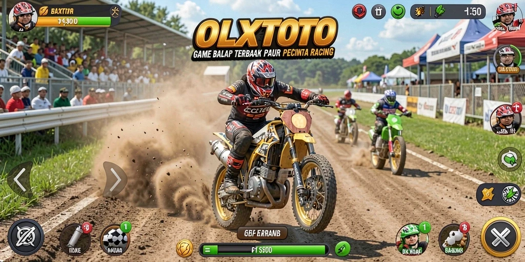 Tampilan gameplay seru di OLXTOTO dengan mobil balap yang cepat dan trek menantang.