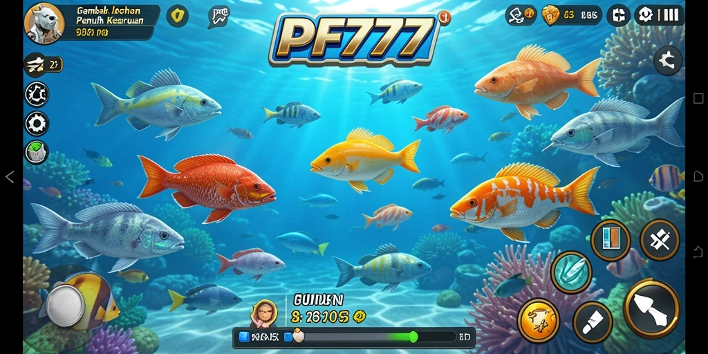 Tampilan dinamis gameplay PF777 dengan aksi menembak ikan.
