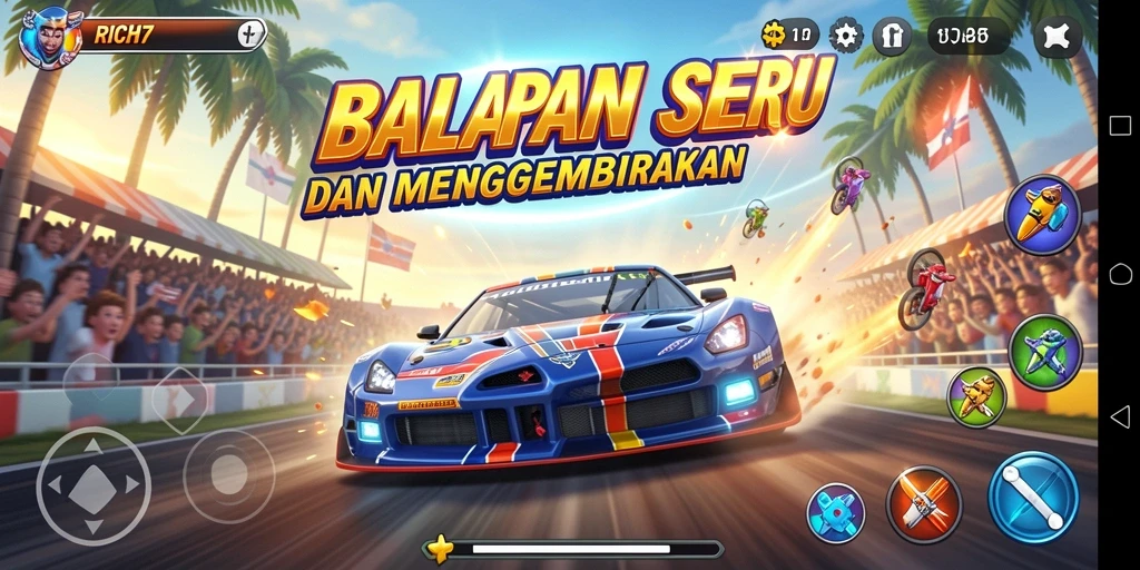 Tangkapan layar RICH7 menampilkan aksi balapan yang mendebarkan dan grafis luar biasa.