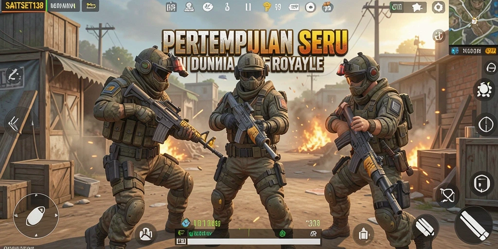 Screenshot utama SATSET138 menampilkan aksi pertempuran Battle Royale yang mendebarkan.