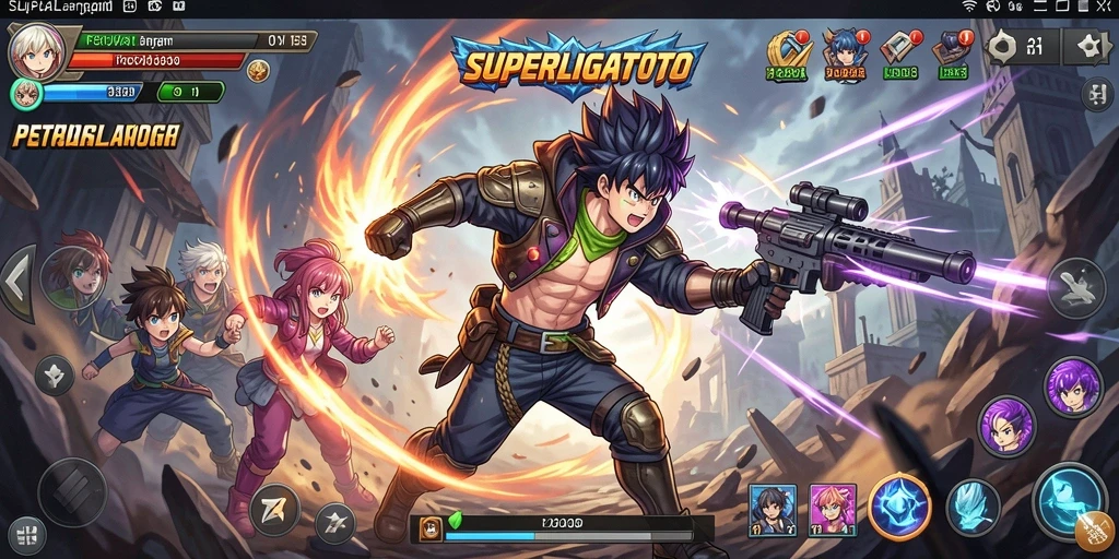 Screenshot gameplay SUPERLIGATOTO yang menampilkan aksi karakter anime yang epik.