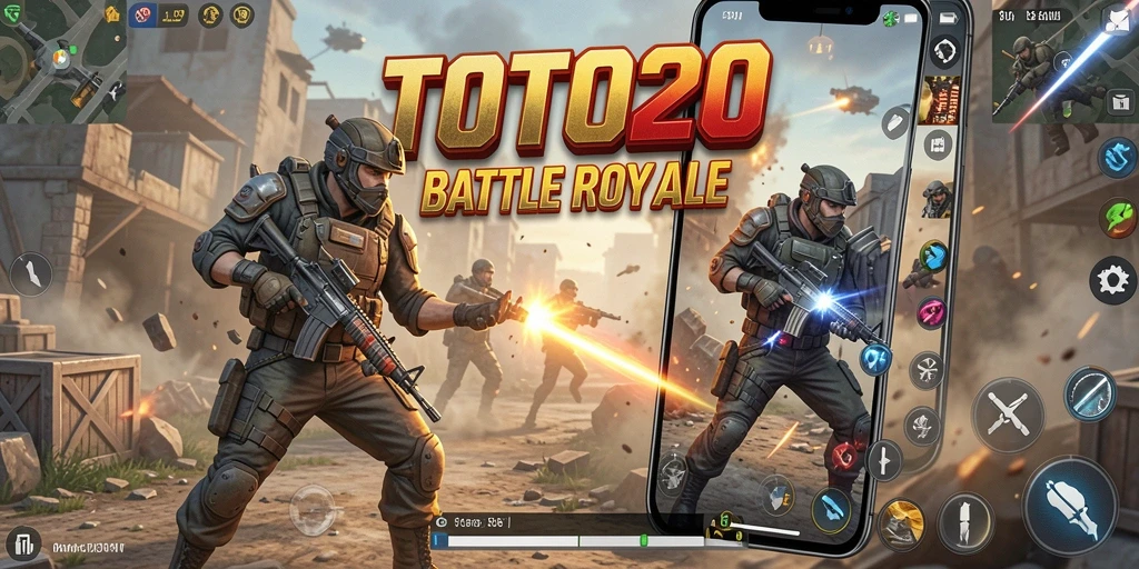 Screenshot utama TOTO20 menunjukkan aksi pertempuran intens di medan perang Battle Royale.