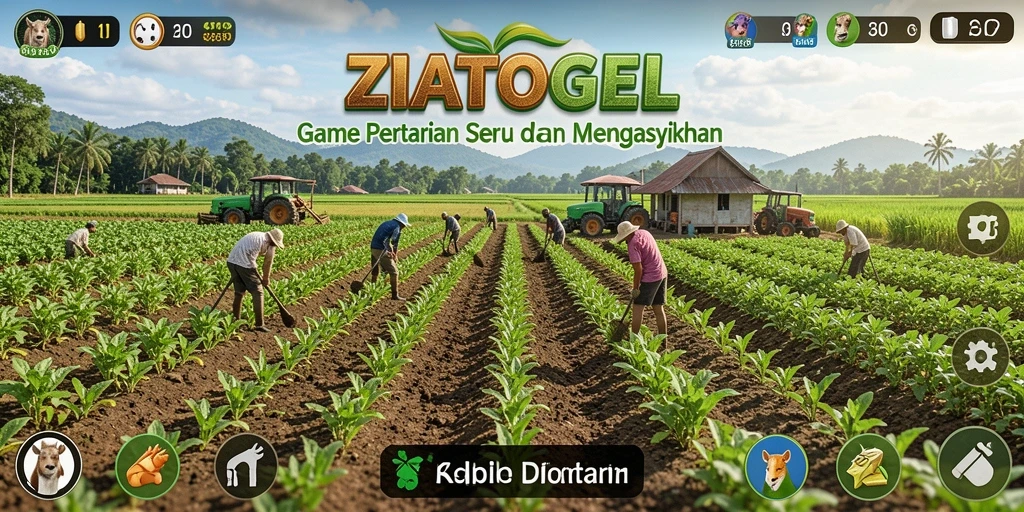 Screenshot utama ZIATOGEL menampilkan kehidupan pertanian yang penuh warna.